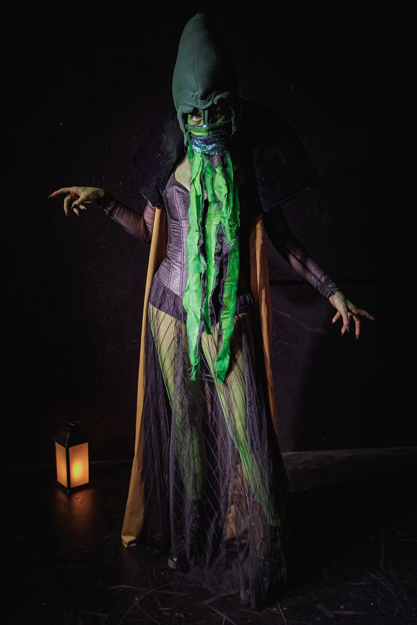 A person dressed in a green and purple costume with a tall, pointed headpiece and a mask covering part of their face. The costume features long flowing fabrics and tattered, layered materials. The background is dark with a small lantern on the floor.