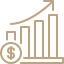 A bar chart showing growth with increasing bars culminating in a rising arrow, and a dollar sign in the bottom left corner.