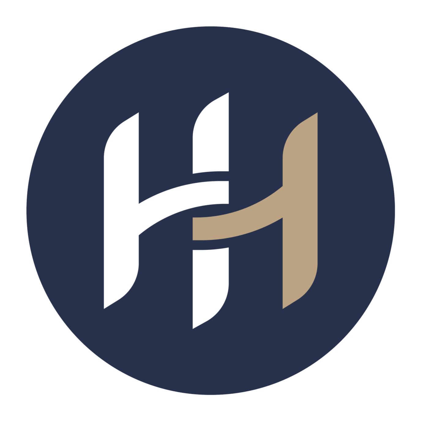 Logo with stylized white and beige letters 'h' and 'y' on a dark blue circular background.