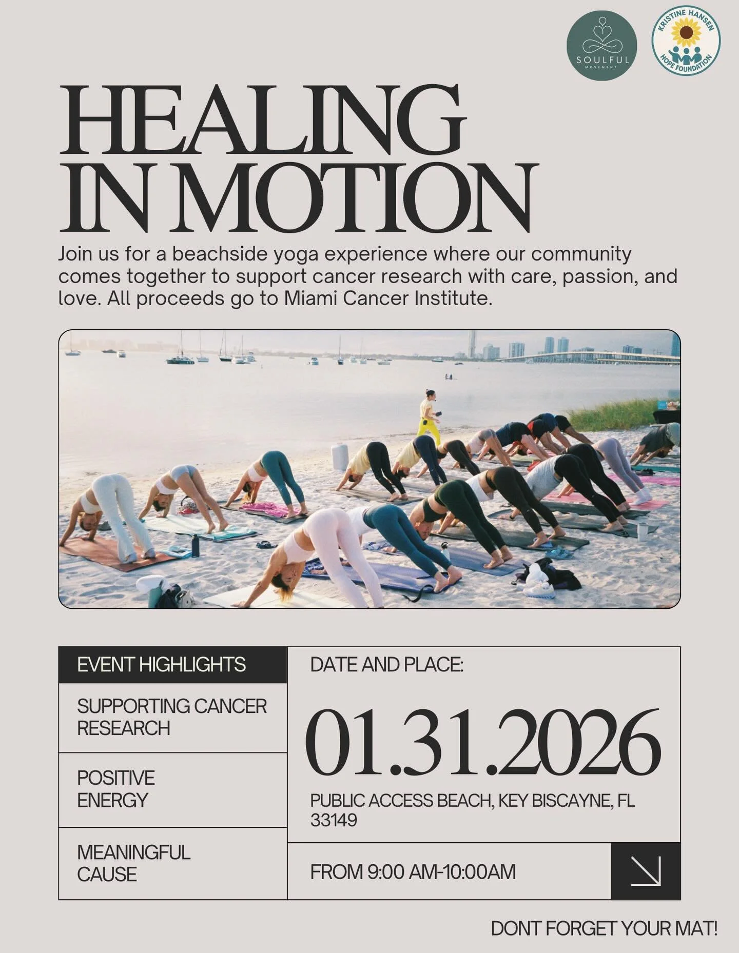 Healing in motion 🧘&zwj;♀️ We are so excited to announce our beach yoga session together led by our own soulful instructor, Emiliana Solorzano. Come move with us on January 31st, bringing intention to every pose in support of cancer research. Ticket