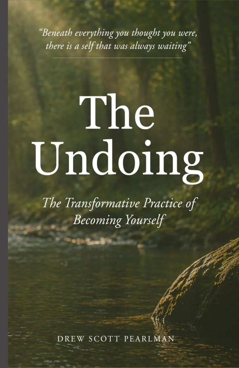 Book cover titled 'The Undoing' with a background of a forest stream, featuring green trees and sunlight filtering through.
