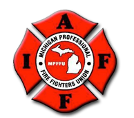Logo of Michigan Firefighters Union featuring a firefighter's helmet, a red and black Maltese cross, and the acronym MPFFU.