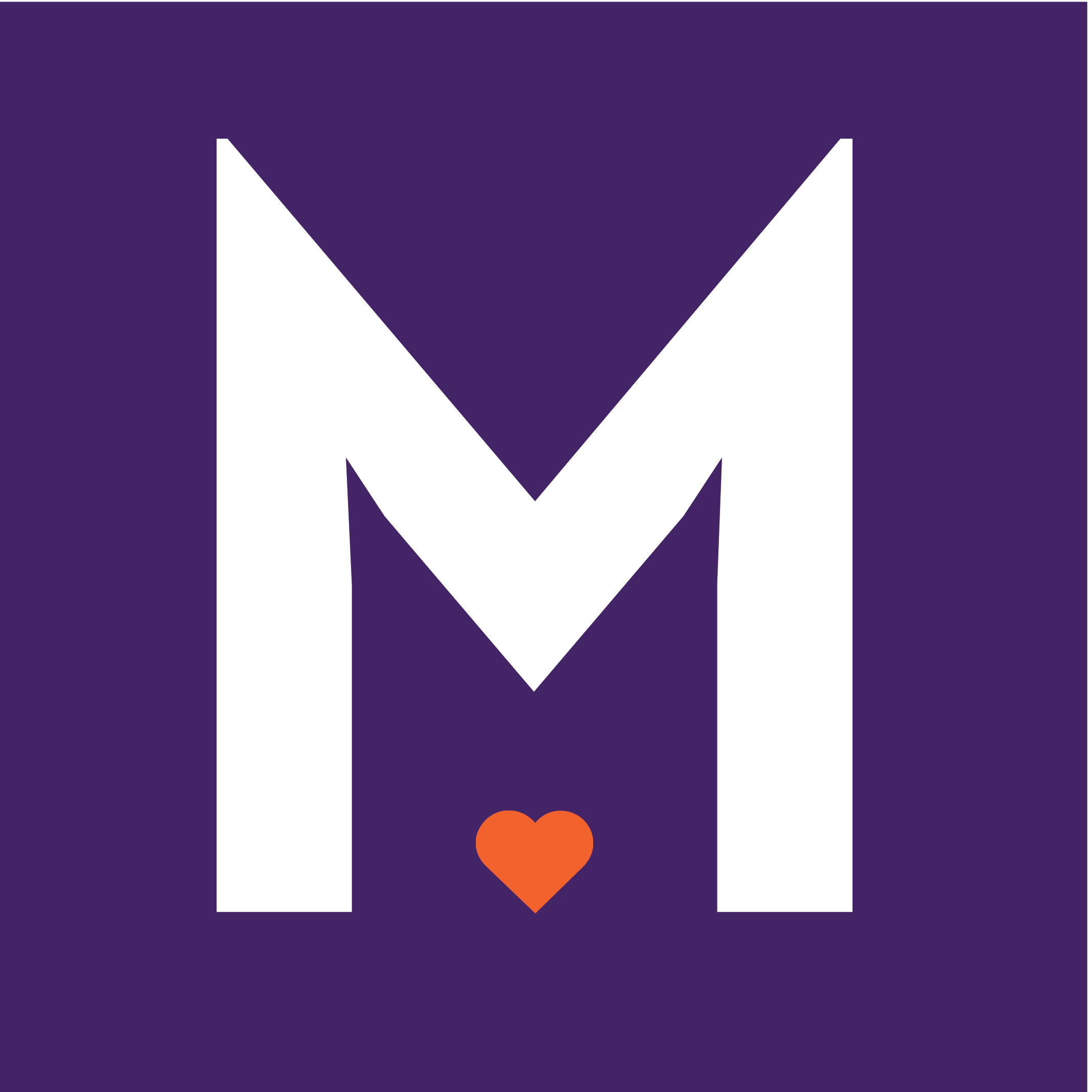 A large white letter 'M' on a purple background with a small red heart beneath it.