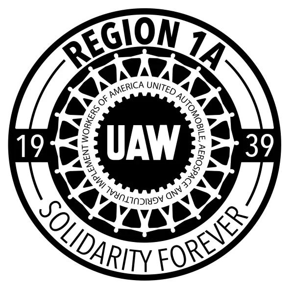 black and white circle logo for uaw region 1a solidarity forever