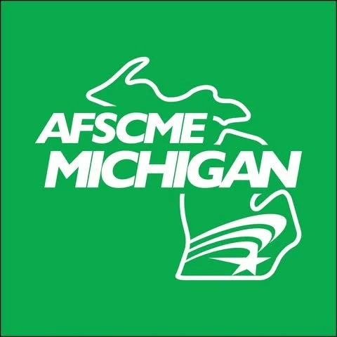 Green background with white outline of the state of Michigan and the AFSCME logo inside it, with the words "AFSCME MICHIGAN" in bold white letters.