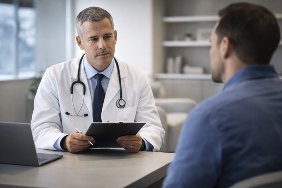 Doctor consulting with male patient in a medical office.