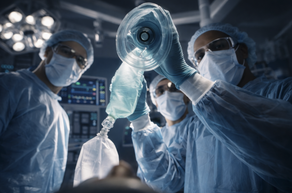 Surgeons in an operating room wearing surgical masks, gowns, and glasses, preparing to perform a procedure with medical equipment and monitors in the background.