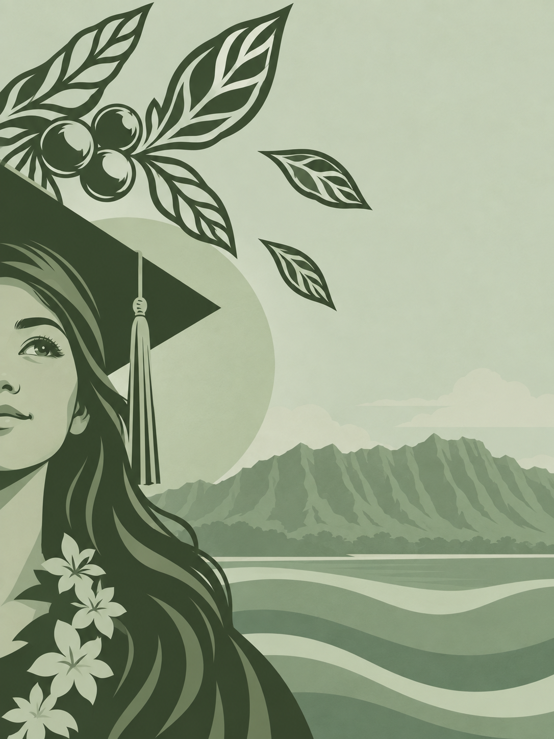 Illustration of a woman wearing a graduation cap, with flowers and green leaves, mountain landscape, and fields in the background.
