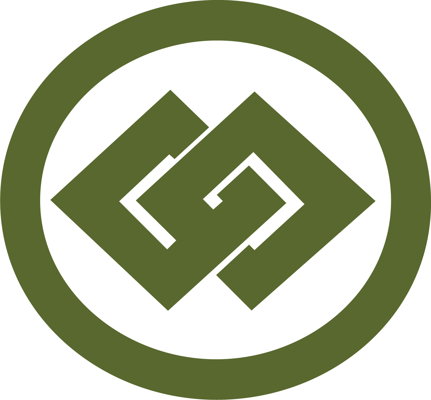 A stylized logo featuring interlocking diamond shapes in black and a dark olive green, arranged in a circular pattern with a black background.