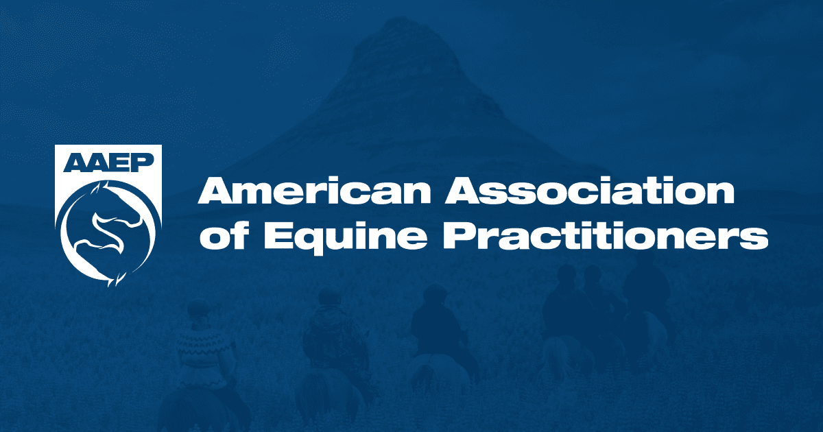 Logo of the American Association of Equine Practitioners with a horse head within a circular design, set against a background of a mountain and people riding horses in open landscape.