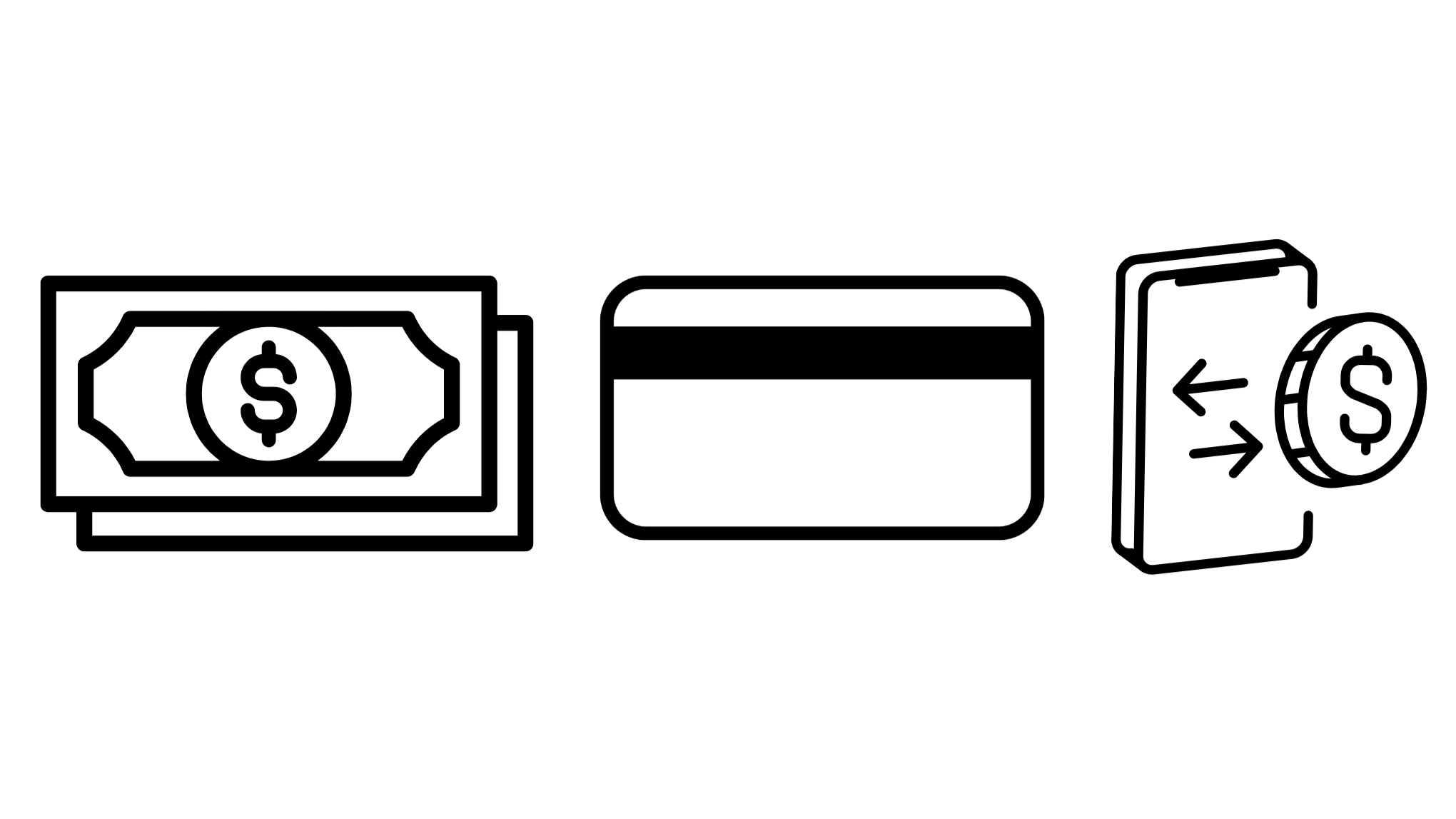Line drawing of dollar bill, blank card, and smartphone with arrows indicating money transfer.