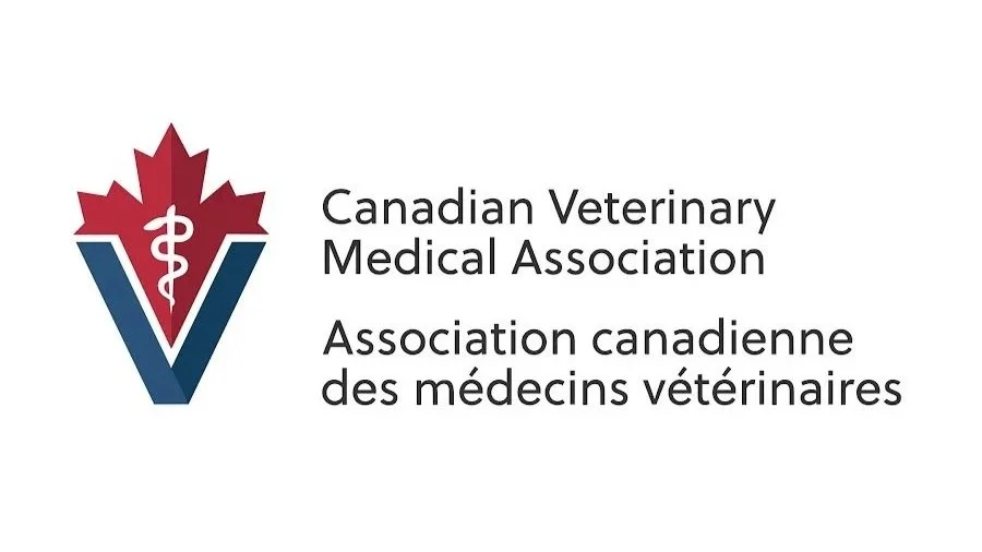 Logo of the Canadian Veterinary Medical Association featuring a red maple leaf with a white medical caduceus in the center, and text in English and French.