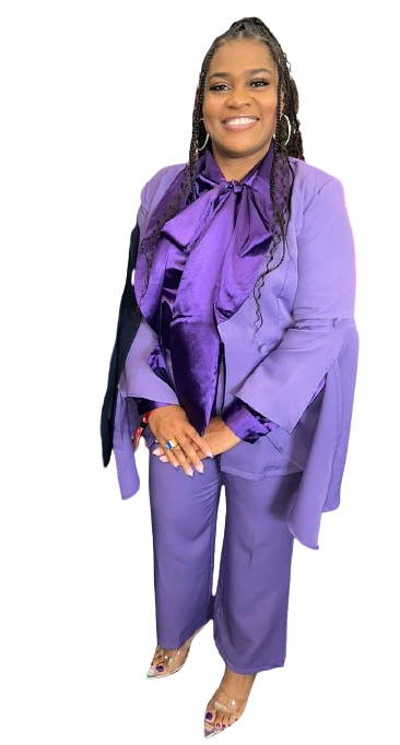 A woman standing and smiling, wearing a purple outfit with a large bow tie, with a group of men in suits behind her in a stylized, colorful, digital art style.