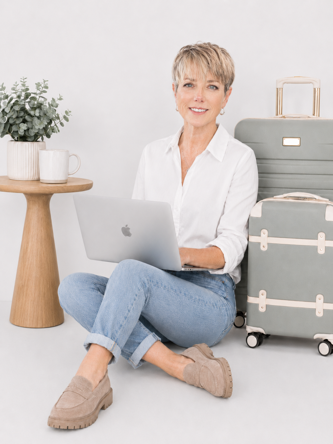 Elisabeth of Willow & Wander Travel planning personalized vacations with a laptop beside sage luggage.