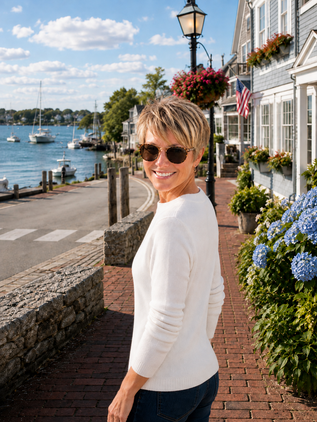 Coastal New England, woman walking down brick sidewalk of shops.
