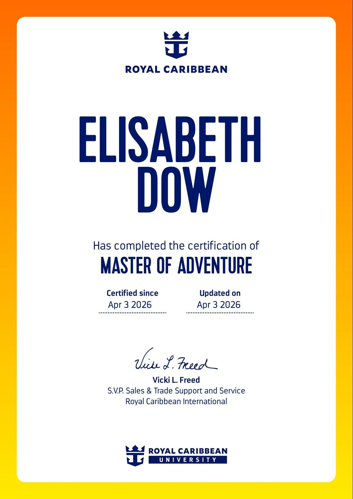 Royal Carribean Cruise Lines Master of Adventure Certified Expert Willow & Wander Travel.