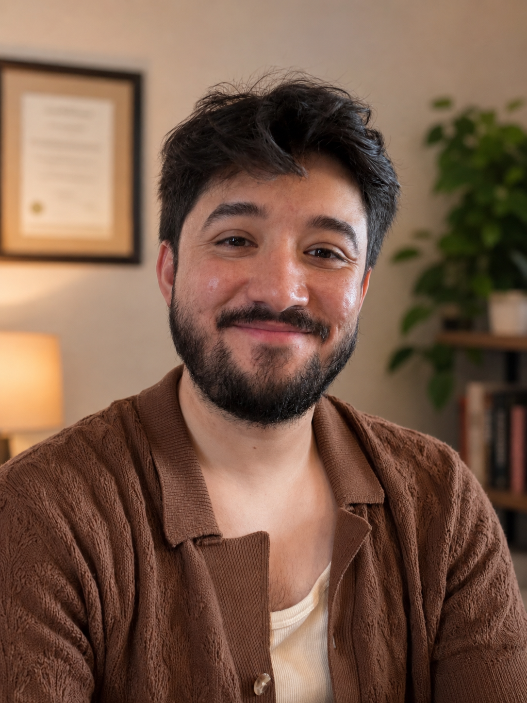 A smiling man with dark hair and a beard, wearing a brown textured cardigan over a white shirt, sitting in a cozy room with a framed document on the wall, a lamp, and a potted plant in the background.