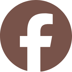 Facebook logo with a black 'f' on a brown circular background.