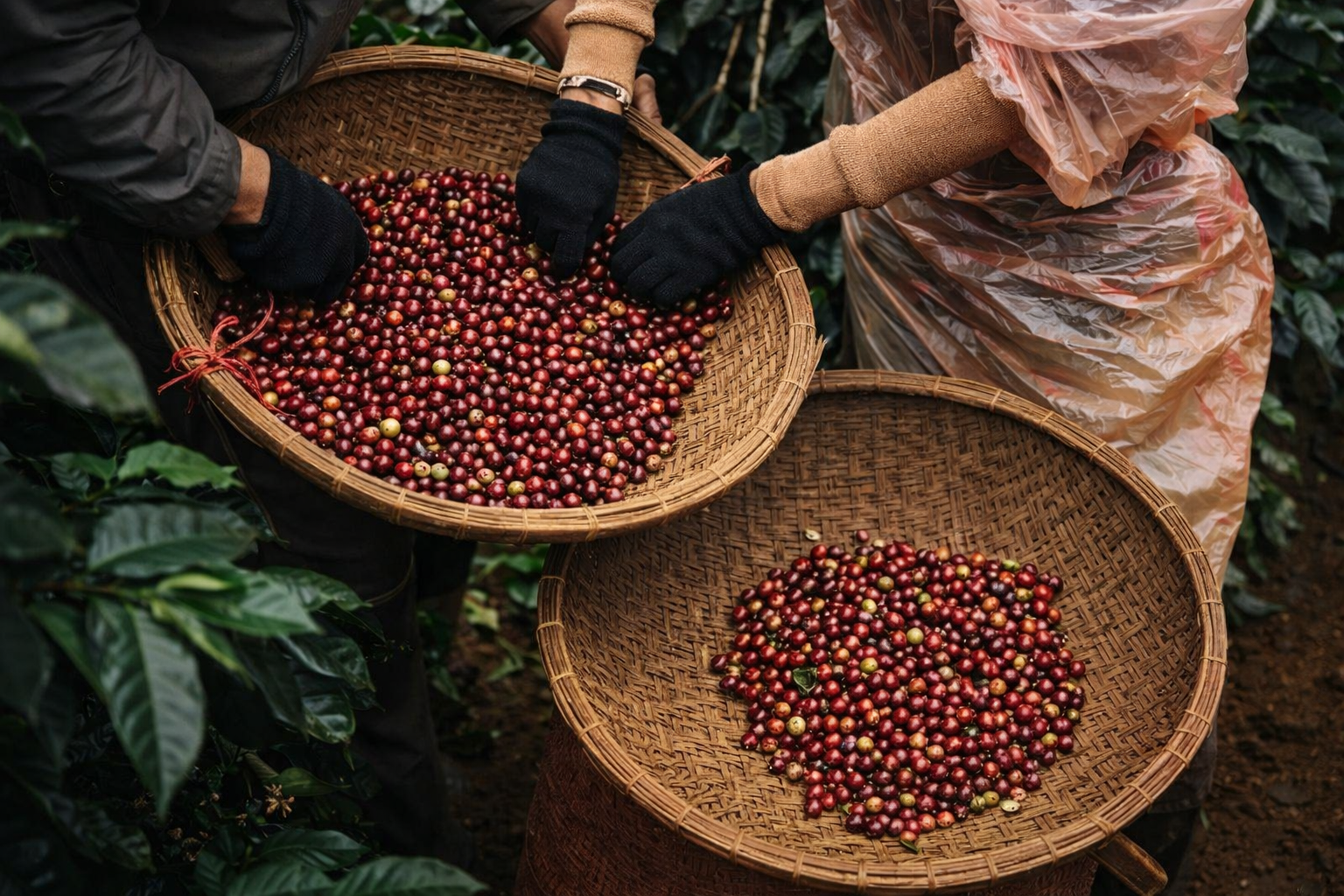 Two people harvesting ripe coffee cherries in a coffee plantation, placing them into large woven baskets.