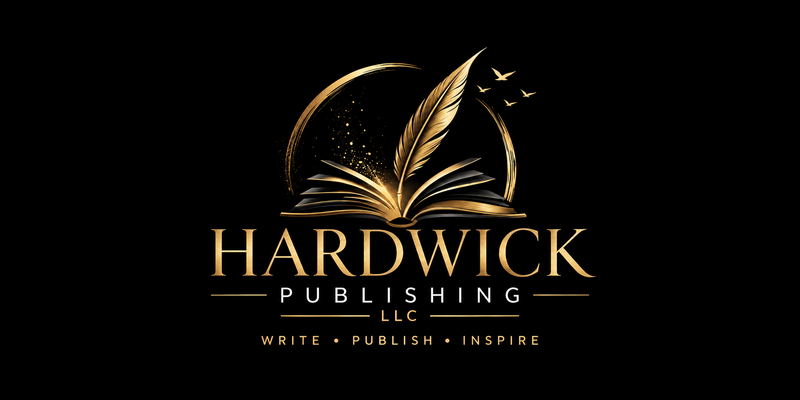 Logo for Hardwick Publishing featuring an open book, a feather quill, and flying birds on a black background with gold accents and the tagline 'Write, Publish, Inspire'.