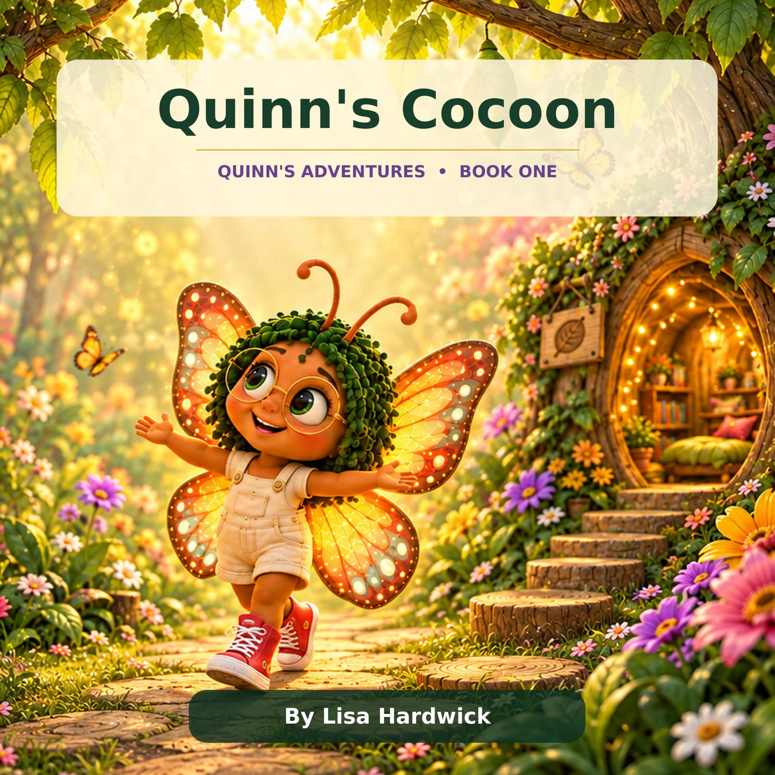 A cartoon fairy with green hair and big eyes, dressed in a beige t-shirt and beige overalls with red sneakers, standing on a forest path surrounded by colorful flowers, with a whimsical, fairy-tale setting and a warm, glowing background.
