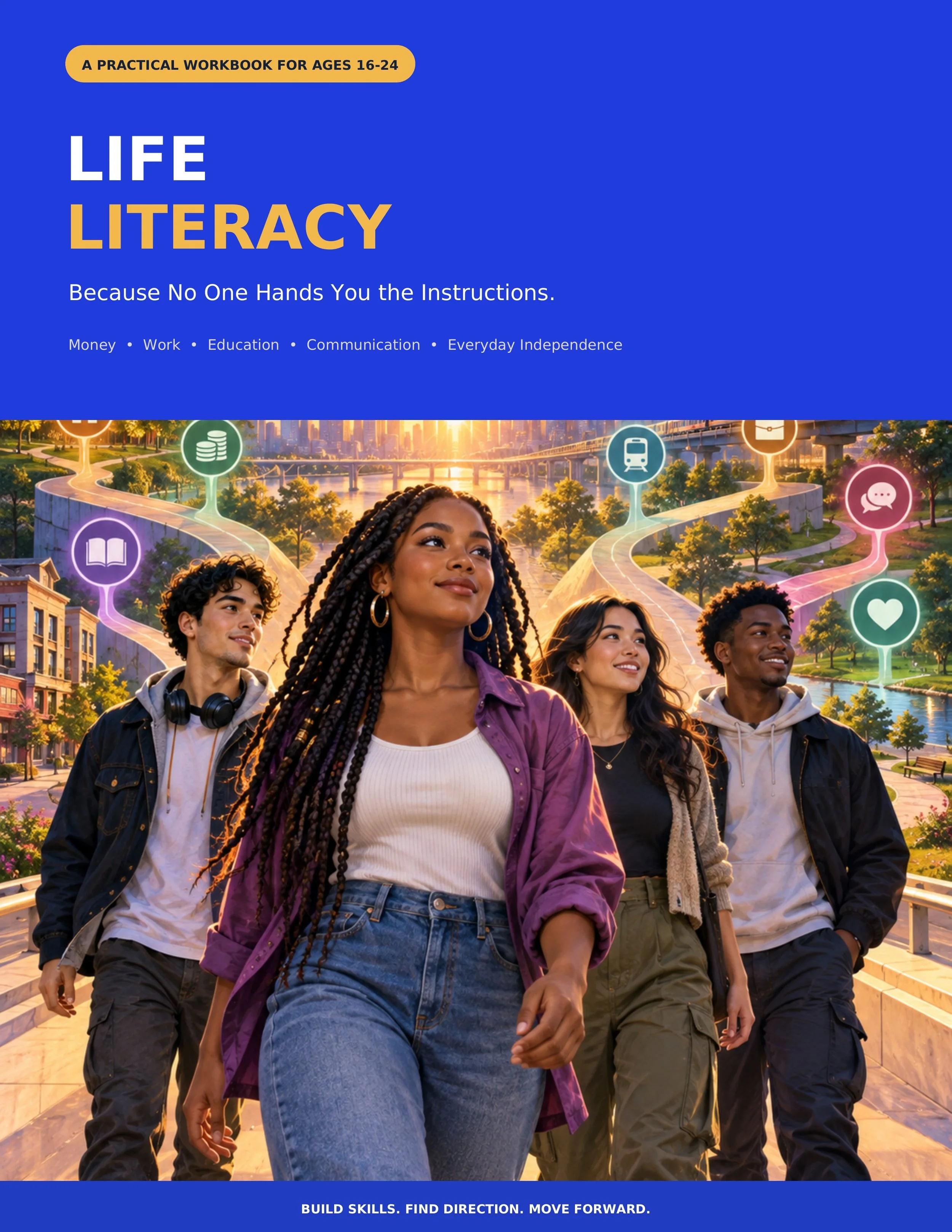 A colorful brochure cover with a group of diverse young adults walking outdoors in a park with city buildings and a bridge in the background. The brochure highlights life skills, literacy, and independence for ages 16-24.