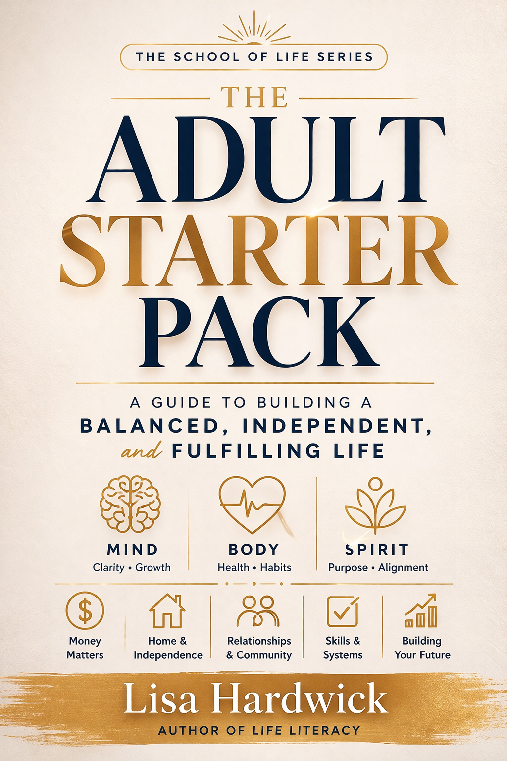 Cover of the book titled 'The Adult Starter Pack' by Lisa Hardwick, part of 'The School of Life Series.' The cover features icons representing mind, body, and spirit, along with topics such as money, home independence, relationships, skills, and future building.