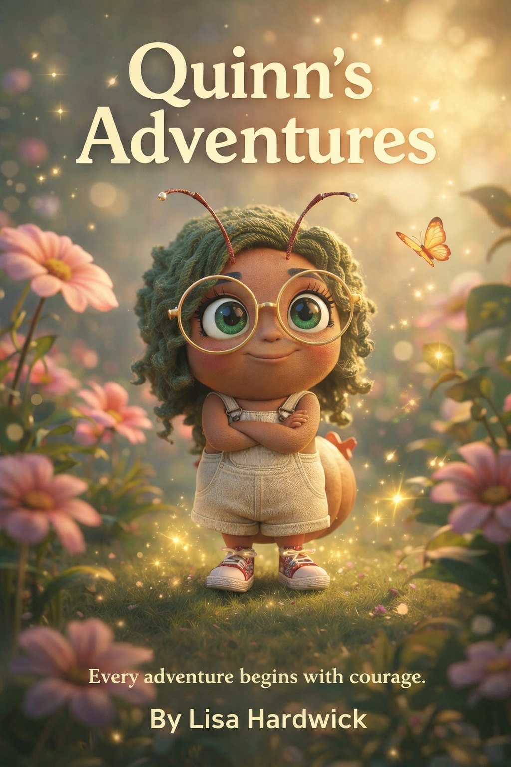 Book cover titled 'Quinn's Adventures' featuring a young girl with green curly hair, large glasses, antennas, wearing overalls and sneakers, standing in a garden with pink flowers and a glowing, magical atmosphere.