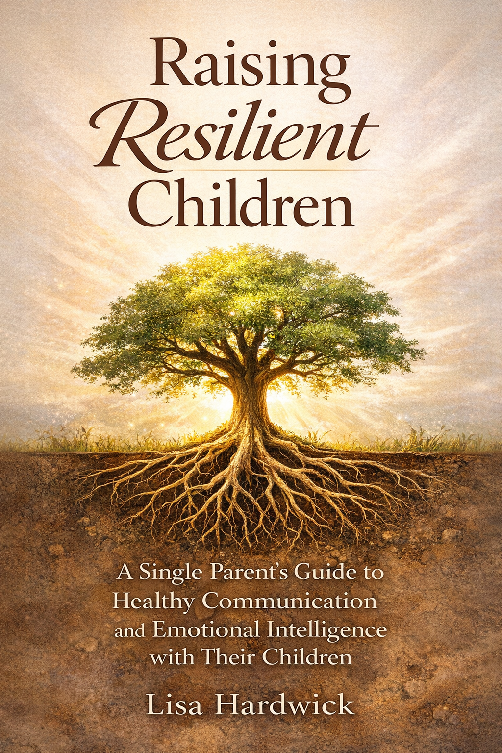 Book cover titled 'Raising Resilient Children' by Lisa Hardwick. Features a large tree with lush green leaves and visible roots, backlit by sunlight.