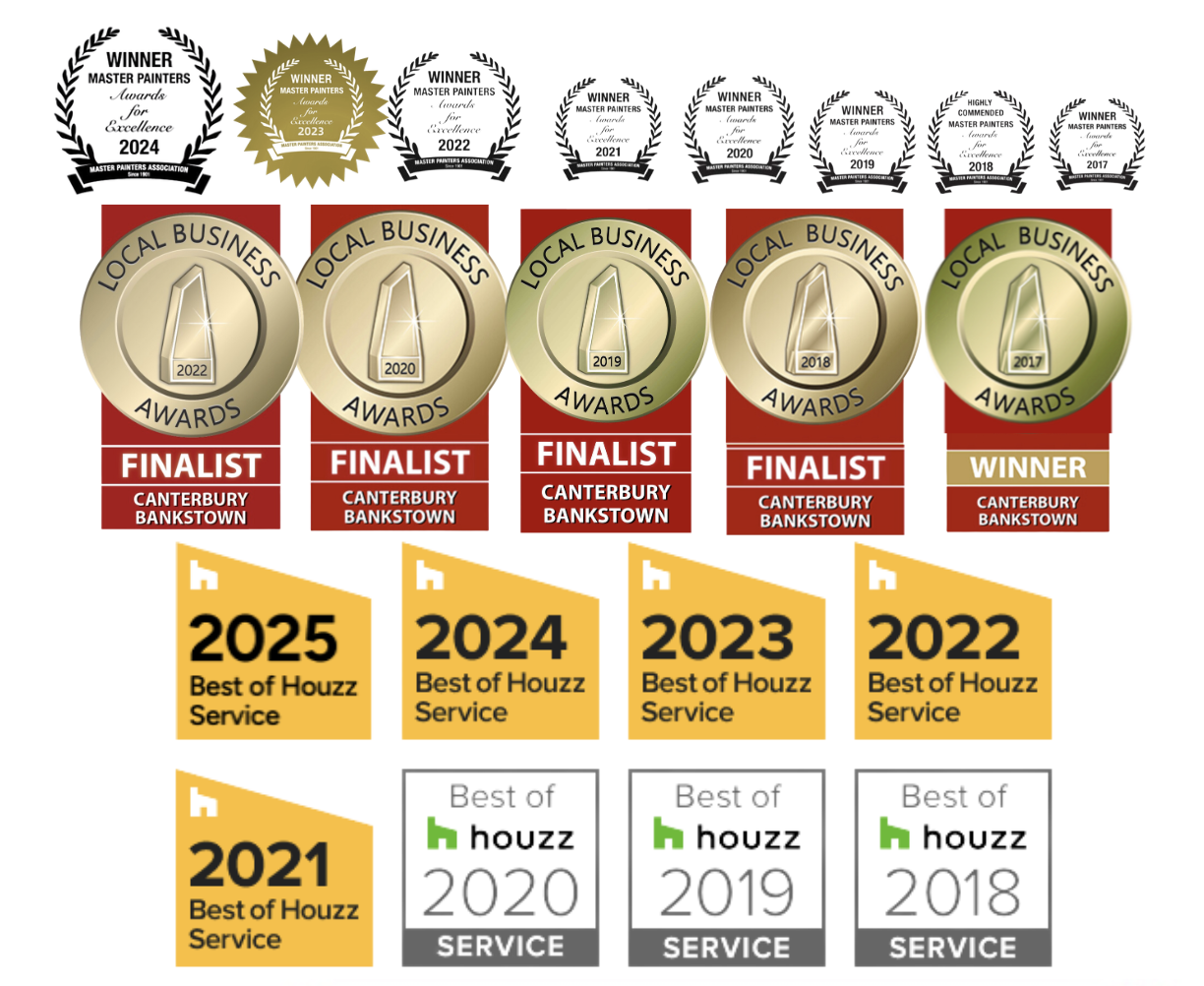 Collection of awards and recognitions, including Master Painter awards from 2017 to 2024, Local Business Awards from 2017 to 2022, and Best of Houzz Service awards from 2011 to 2025.