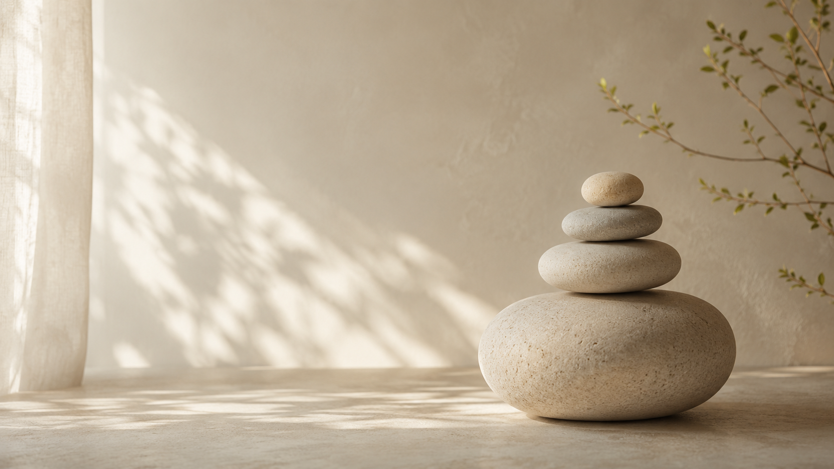 Stack of five smooth flat stones in varying sizes, arranged from largest at bottom to smallest at top, with a beige background and soft shadowed lighting.