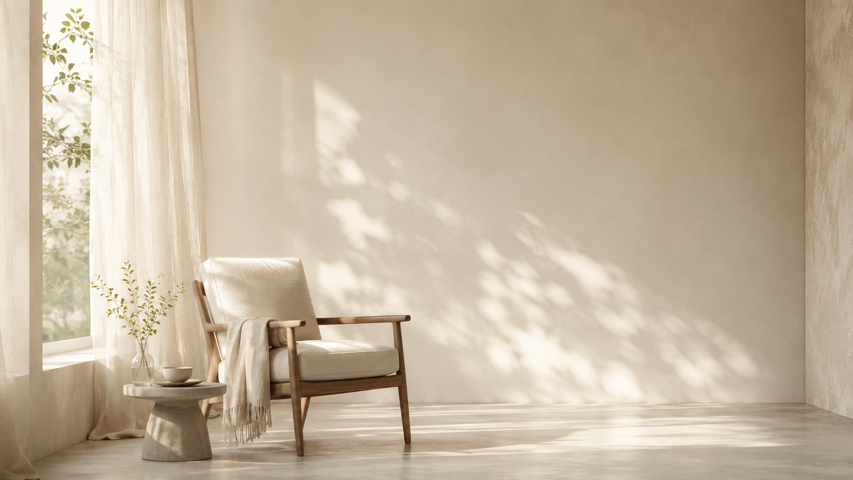 A cozy corner in a room with sunlight streaming through sheer curtains, featuring a beige armchair with wooden arms, a small round table with a plant, bowl, and mug, and a plain textured wall.