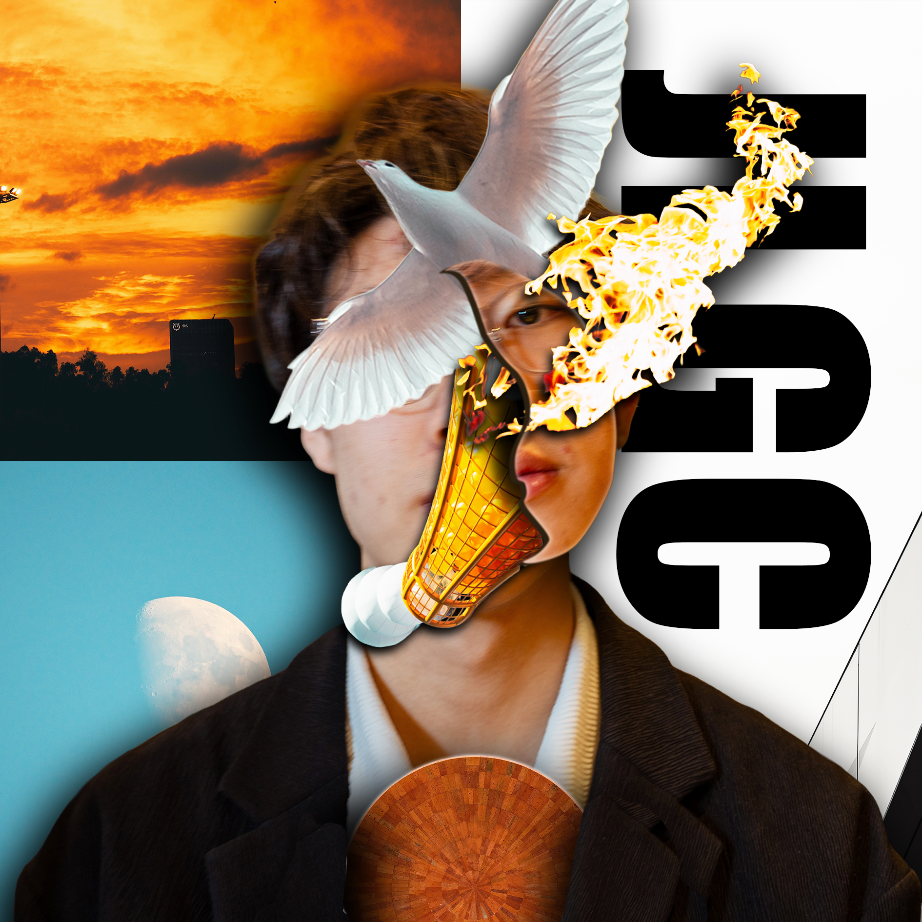A collage-style digital artwork featuring a young person's face with half of it obscured by a dove and a flaming ice cream cone, with background elements including a sunset sky, the moon, and the word 'NOTICE' partially visible.