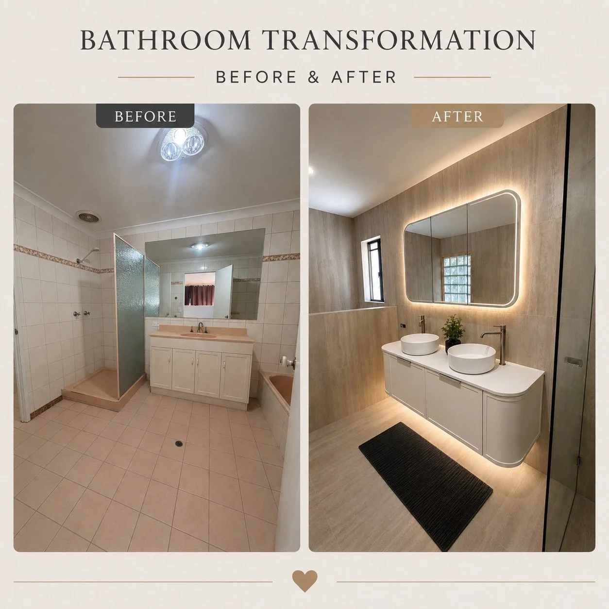✨ BEFORE ➡️ AFTER ✨

What a transformation 🤍

This outdated bathroom has been completely renovated into a modern, luxurious space with warm neutral tones, custom lighting and a much more functional layout.

Our clients couldn&rsquo;t be happier with