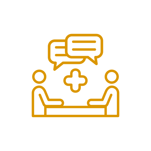 Icon of two people sitting at a table with speech bubbles above them, and a medical cross in between, indicating conversation or counseling with healthcare focus.