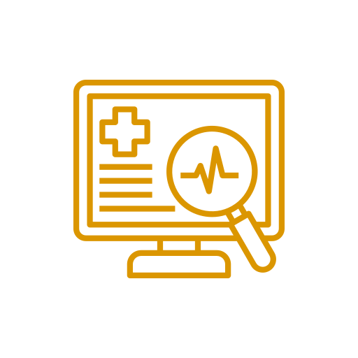 Line art icon of a medical monitor with a medical cross and a magnifying glass showing a heartbeat.