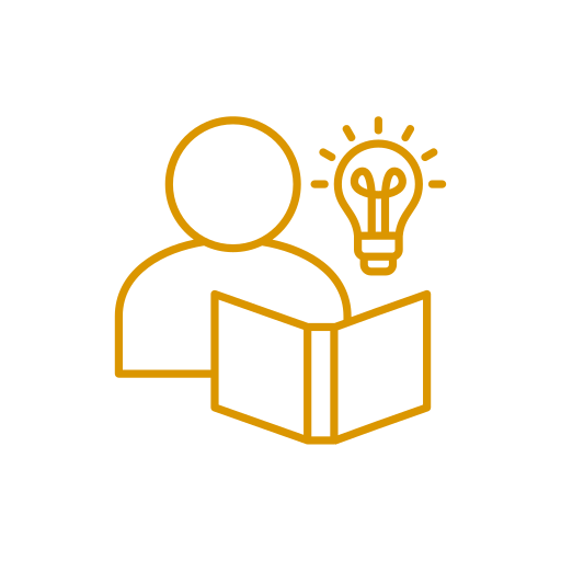 Icon of a person reading a book with a lightbulb above them, representing learning or ideas.