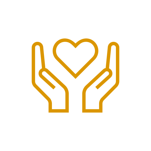 Illustration of two hands holding a heart in a gold line art style, centered within a black circle.