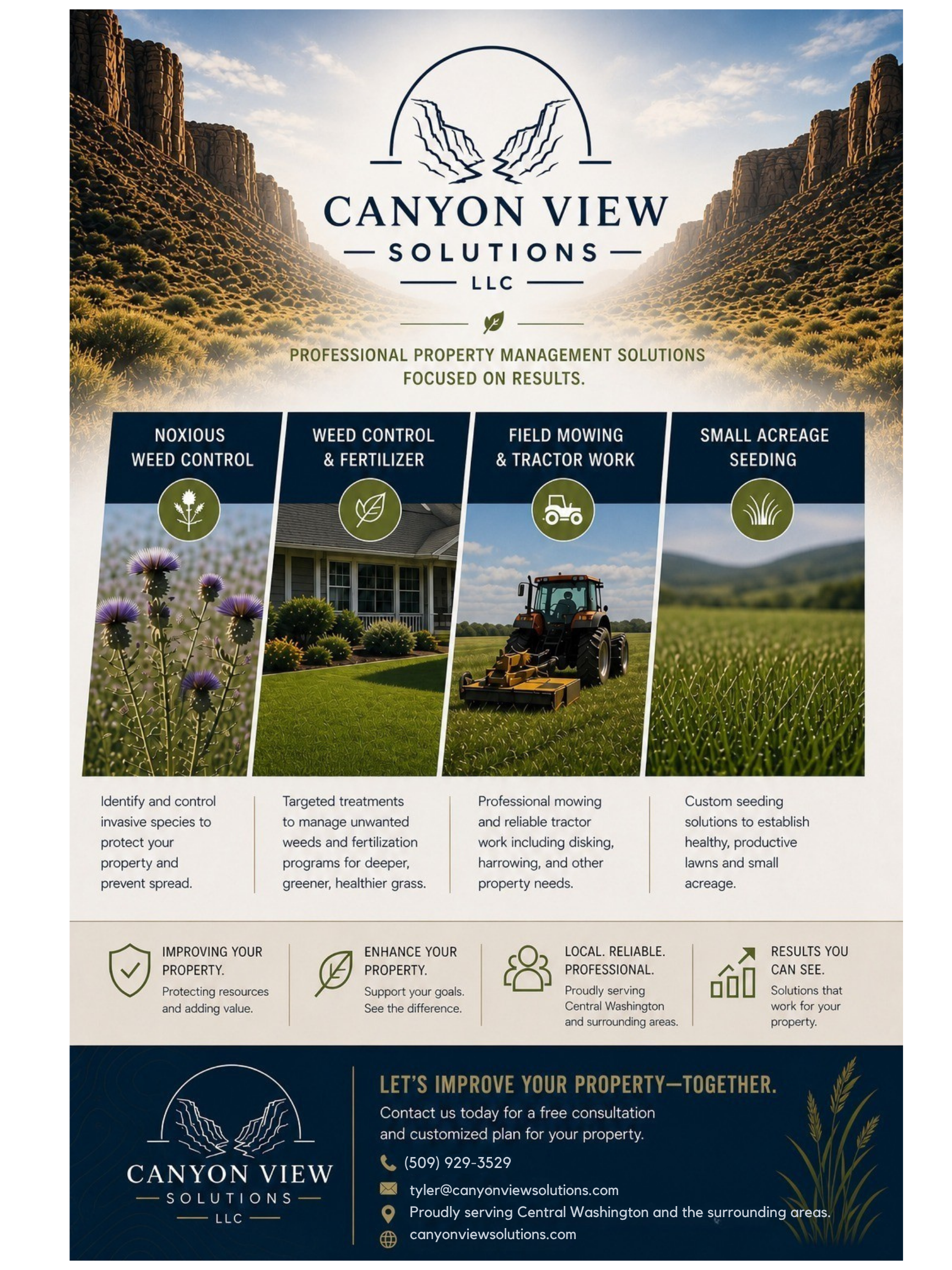 Flyer for Canyon View Solutions LLC offering property management services with images of a canyon, house, tractor, and field, and text about weed control, fertilization, mowing, seeding, and contact information.