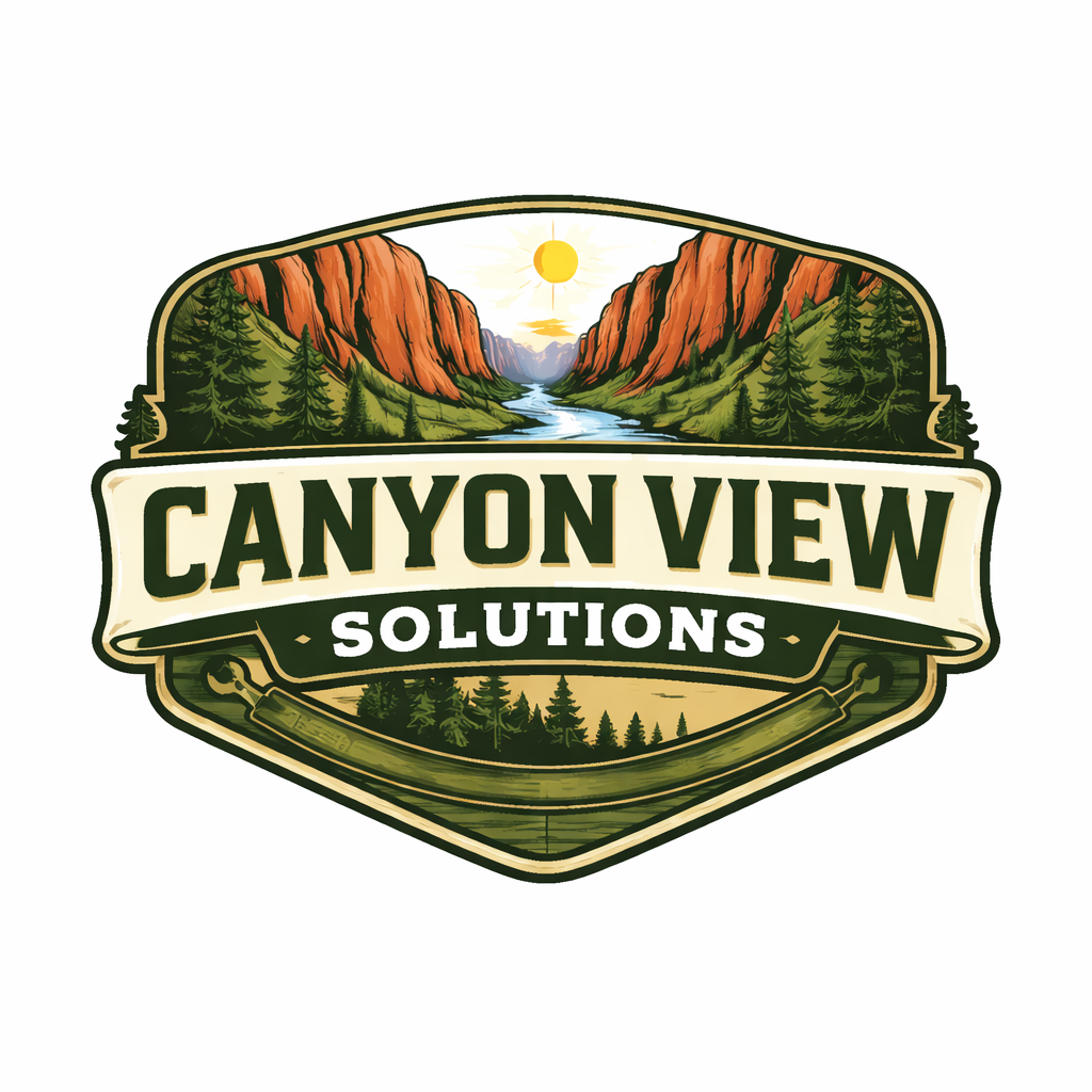 A logo with a scenic mountain and river landscape, featuring red cliffs, green trees, and a setting or rising sun, with the text "Canyon View Solutions".