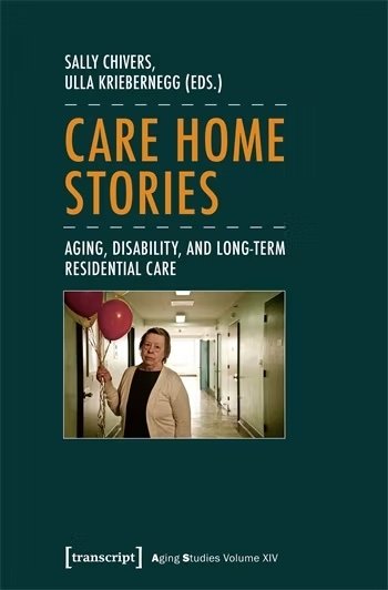 Cover of “Care Home Stories” showing an unhappy woman holding a trio of inflated balloons while standing in an empty hospital hallway.