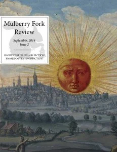 Book cover of an issue of Mulberry Fork Review with a bright, orange sun with a face looking over a medieval town.
