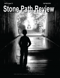 Cover of “Stone Path Review: Fall 2014” showing silhouette of a boy gazing toward the light at the end of a large dark storm tunnel.