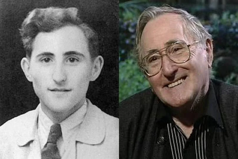 Black and white photo of a young Gad Beck next to a colored photo of him as an older man, wearing glasses and smiling.