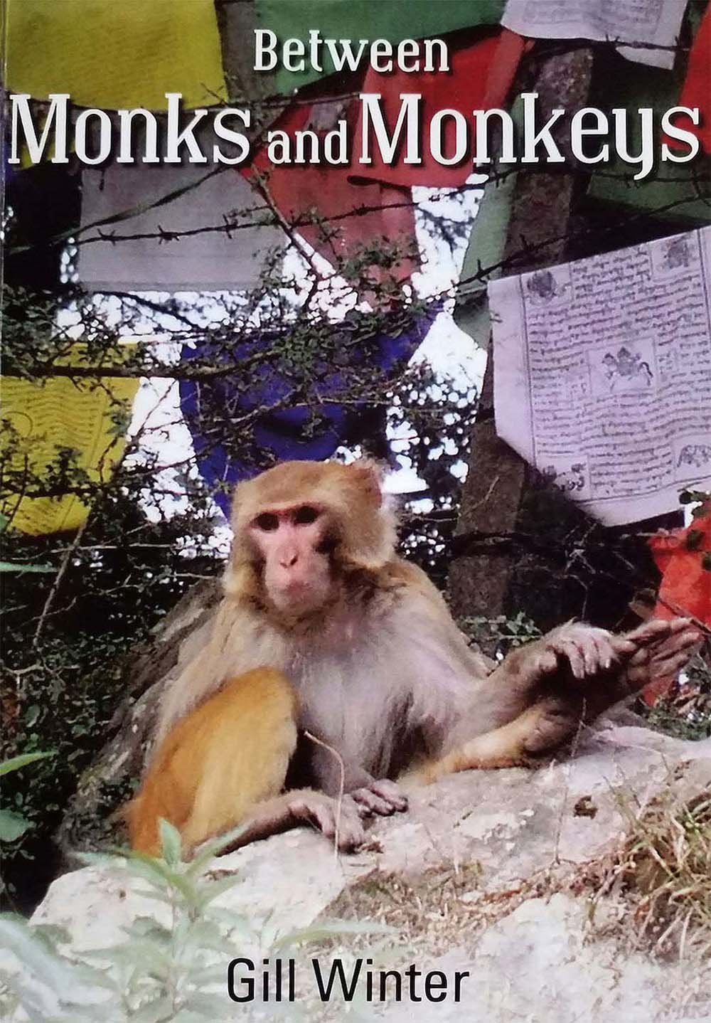 A monkey sits on a rock with colorful prayer flags in the background. The book title, “Between Monks and Monkeys,” and the author’s name, “Gill Winter,” are displayed at the top and bottom.