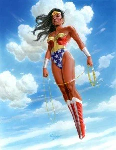 Animated Wonder Woman jumping into the sky holding golden lasso.