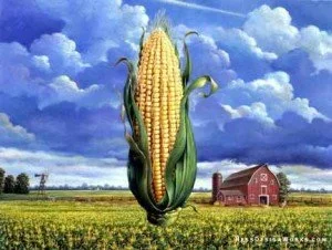 Cartoon graphic of building-sized ear of corn standing in a miniature cornfield against a bright blue sky.