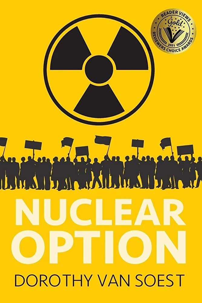 Cover of “Nuclear Option” showing a radiation symbol and the silhouettes of a line of flag-waving people.