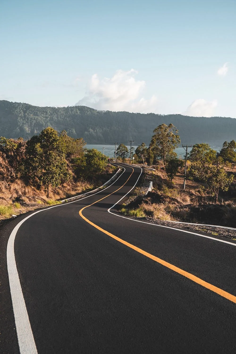 A winding asphalt road stretches through a hilly landscape with trees and mountains in the background under a clear sky.