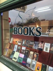 Front display window at Scribes Books in Dunedin, New Zealand.
